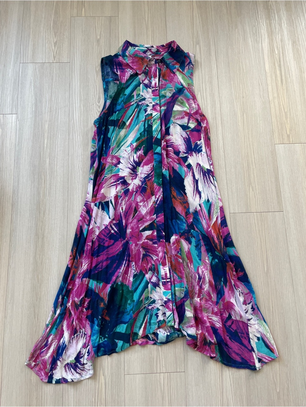 Sleeveless Button Midi Front Floral Swing Dress in Magenta & Teal